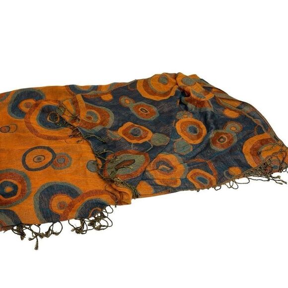 Pashmina orange and blue circle print scarf - Picture 5 of 12